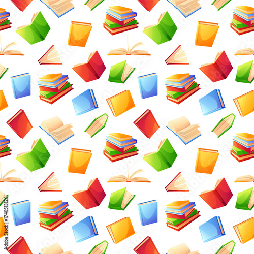 A cozy seamless pattern with books. Colorful textbooks in various positions, open and closed. Can be used on wrapping paper, fabric, or as a background for designs.