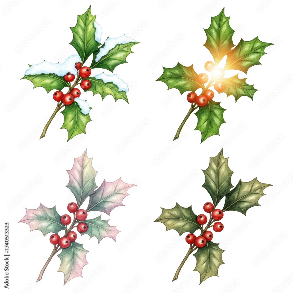 Naklejka premium Four Holly Sprigs Festive Winter Holiday Botanical Illustrations.