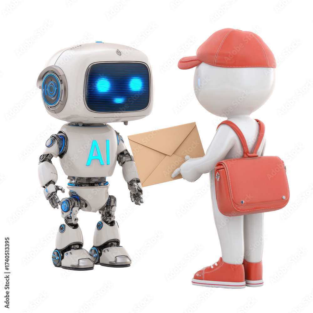 Naklejka premium AI Robot Delivers Mail: Futuristic Robot with Envelope