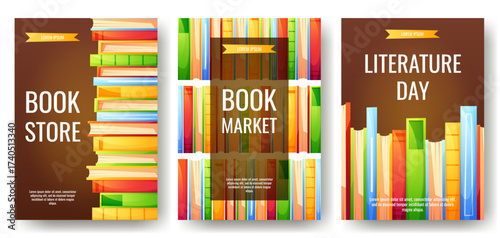 A poster with colorful books in different positions, on a dark background with text. A poster template for a book market. Book lover, bookstore, library, reading concept, book festival. World Book Day
