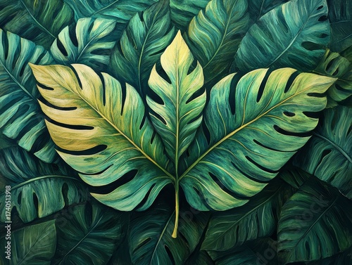 Lush Tropical Monstera Leaves Vibrant Green Foliage Exotic Plant Texture Nature Background