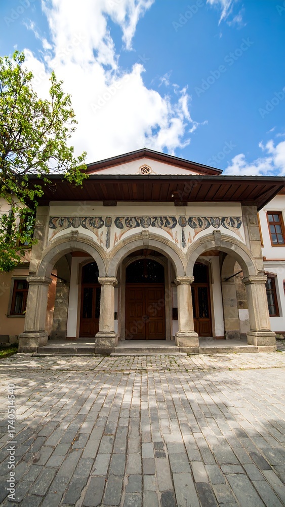 Fototapeta premium Facade of an old building with arches, wooden door, and blue sky