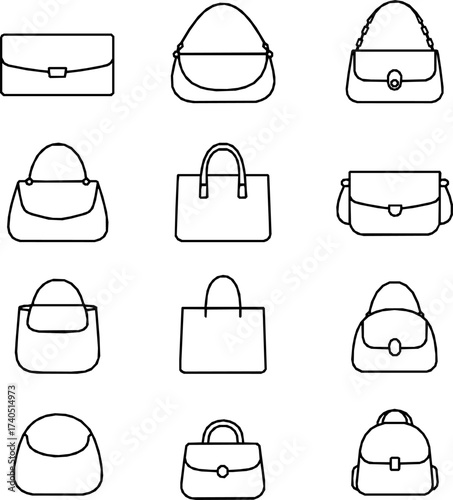 Women’s Handbag Types Vector Illustration Set – Monoline Style