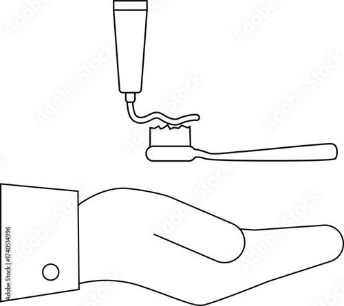 line icon of a hand carrying a toothbrush and toothpaste icon
