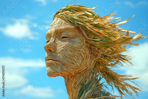 Serene Straw Sculpture of Woman s Face Against a Bright Blue Sky Outdoor Art Installation