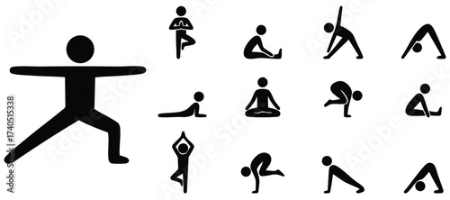 Stickman yoga poses and meditation positions representing fitness, exercise, relaxation, balance, flexibility, and healthy lifestyle