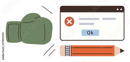 Boxing glove hitting error screen with Ok button and red close icon, pencil at bottom. Ideal for problem-solving, error handling, confrontation, challenge, creativity, workflow learning. Simple flat