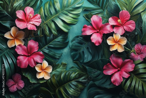 Lush Tropical Floral Arrangement Hibiscus Plumeria Monstera Leaves Background
