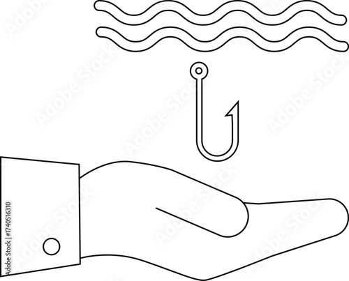 line icon of a hand carrying a fishing hook icon in the sea
