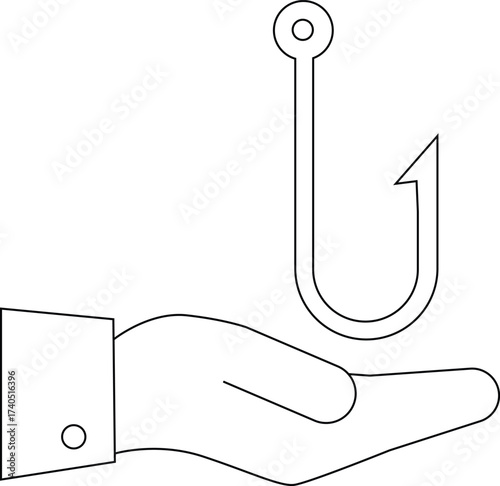 line icon of a hand carrying a fishing hook icon