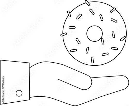 line icon of a hand carrying a donut icon with sprinkles