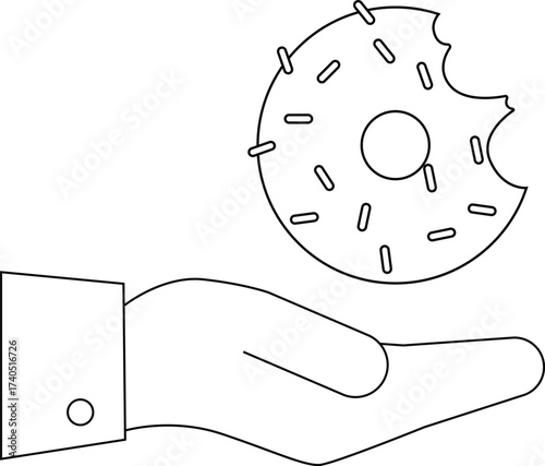 line icon of a hand carrying a bitten donut icon