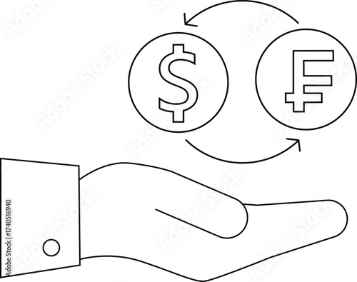line icon hand carrying icon convert dollar coins to franc coins