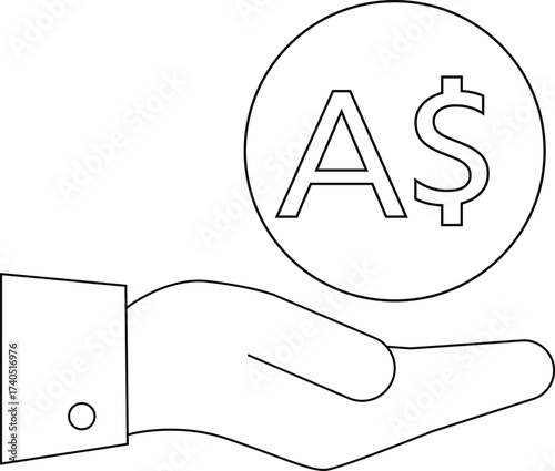 line icon of a hand carrying an Australian dollar coin icon