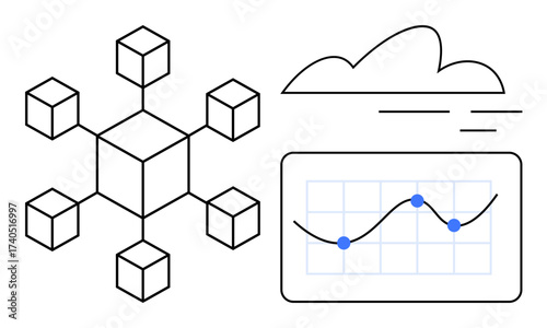 Network of connected cubes indicating blockchain, cloud lines, and graph with data points and trends. Ideal for technology, innovation, data management, cloud computing, blockchain, fintech
