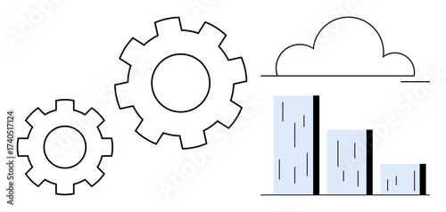 Gears representing operations, a cloud element signifying cloud computing, and a bar chart showcasing data analysis. Ideal for technology, teamwork, innovation, industry, efficiency, cloud services