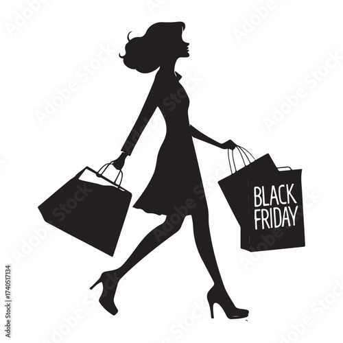 Black Friday Shopping Woman Silhouette with Bags Vector Illustration