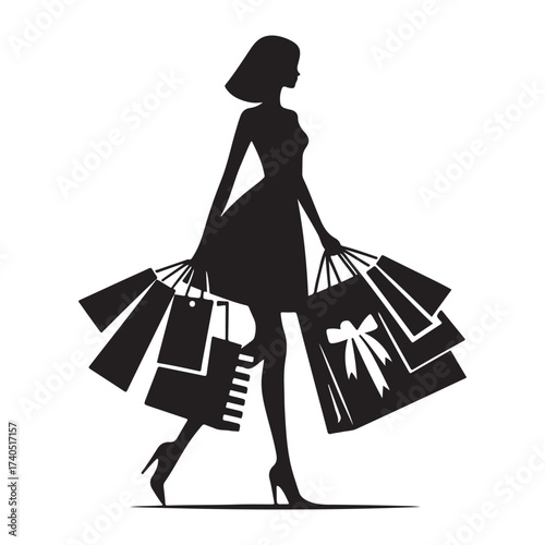 Black Friday Shopping Woman Silhouette with Bags Vector Illustration