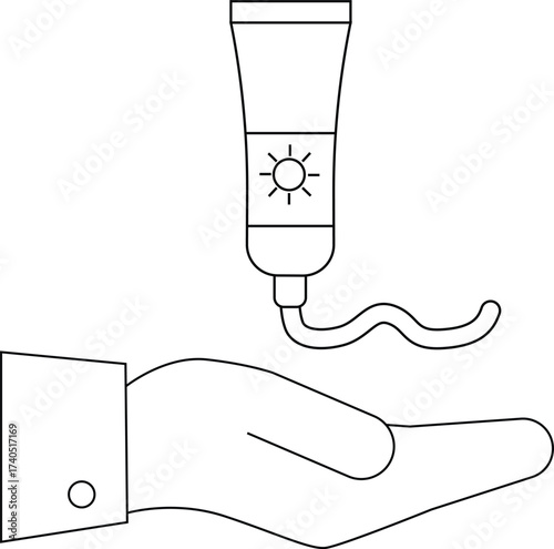 line icon of a hand carrying a sunscreen cream icon