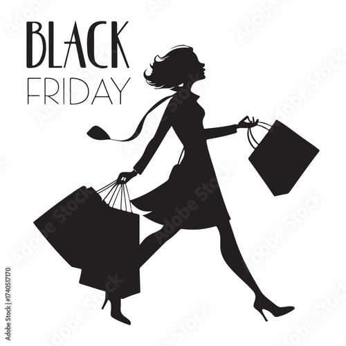 Black Friday Shopping Woman Silhouette with Bags Vector Illustration