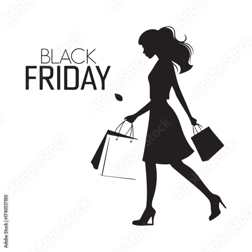 Black Friday Shopping Woman Silhouette with Bags Vector Illustration