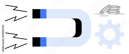 Horseshoe magnet pulling energy, metallic coins, and gear element indicating success, systems, attraction. Ideal for strategy, innovation, finance, marketing teamwork productivity simple flat