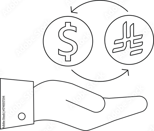 line icon hand carrying icon convert dollar coin to arab riyal coin