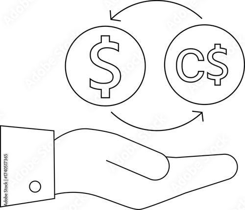 line icon hand carrying icon convert dollar coins to Canadian dollar coins