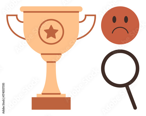 Trophy symbolizing achievement, sad face denoting disappointment, and magnifying glass indicating scrutiny. Ideal for success, competition, failure, analysis, motivation evaluation goals. Simple