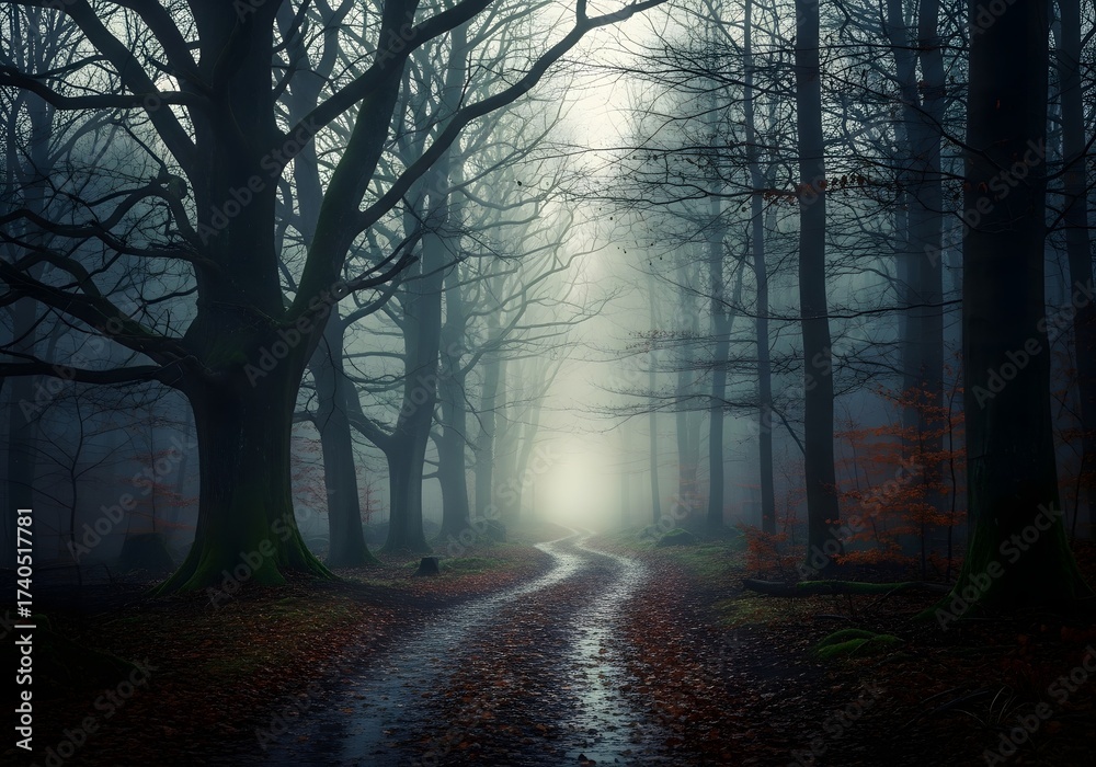 Fototapeta premium Mysterious Foggy Forest Path in Autumn