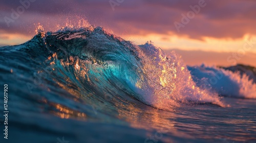 Fototapeta Naklejka Na Ścianę i Meble -  Wave cresting at sunset ocean water