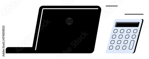 Open laptop with globe motif alongside a calculator. Ideal for business, technology, finance, productivity, education, analytics, remote work. Minimalist symbols for a simple flat metaphor
