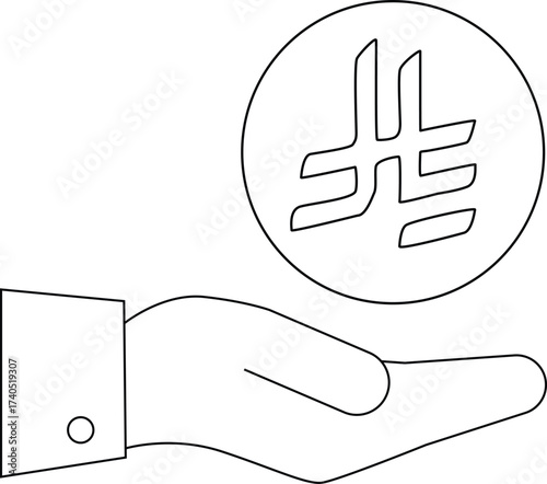 line icon of a hand carrying an Arab riyal coin icon