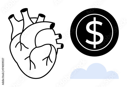 Anatomical heart adjacent to a coin with a dollar sign and a cloud. Ideal for finance, emotion, health, balance, decision-making, economics, personal growth. Minimal flat metaphor