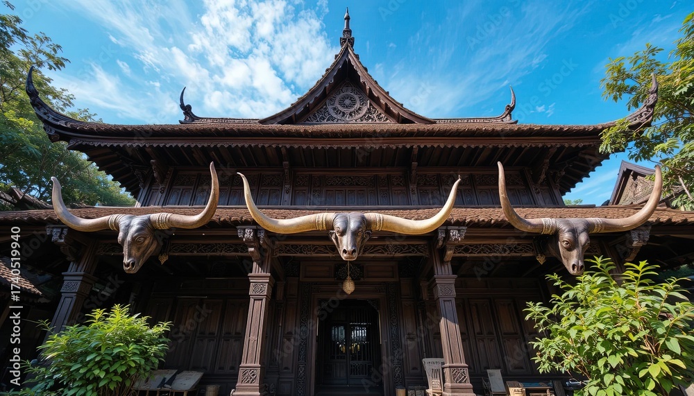 Obraz premium Exquisite architectural structure showcases ornate wooden craftsmanship with intricate details, complemented by the graceful presence of animal-inspired decorative elements and horns against a...