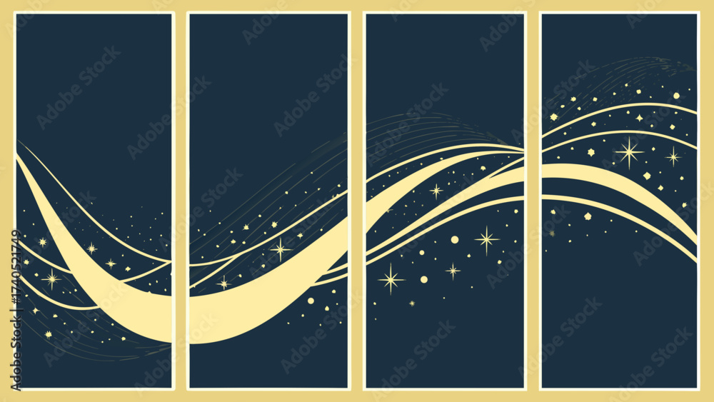 Abstract starry night sky with flowing waves and stars