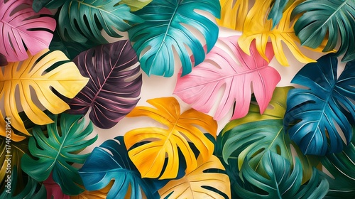 Vibrant Tropical Monstera Leaves Background Colorful Exotic Foliage Pattern Summer Design