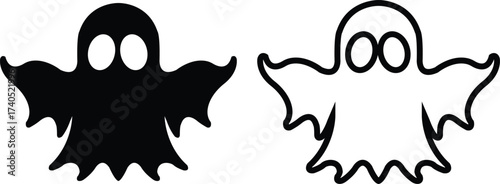 Ghost icon set in black flat and outline styles. Phantom or apparition haunting halloween ghost vectors, spooky ghost symbols, scary monster silhouette, horror cartoon phantom designs illustration.