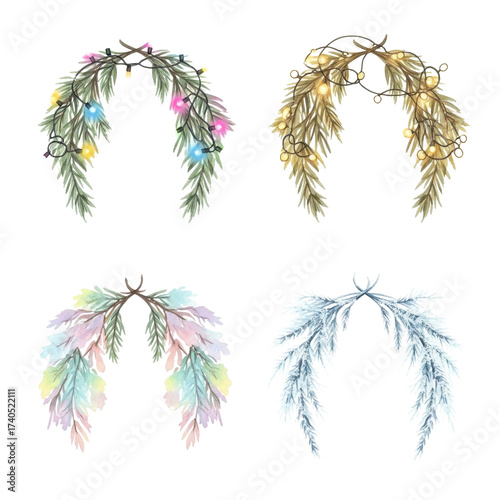 Festive Holiday Wreaths with Lights and Snow.