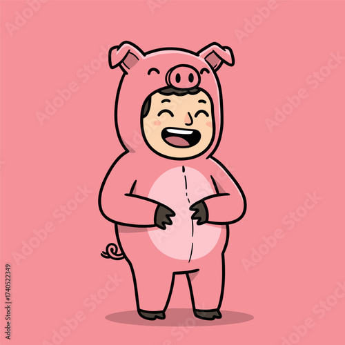 Cartoon person in pink pig costume with curly tail and black hooves, smiling with eyes closed on solid pink background.