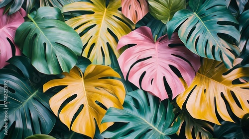 Vibrant Tropical Monstera Deliciosa Leaves Background Lush Green Pink Yellow Foliage Texture