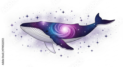 Cosmic whale illustration with galaxy inside body and stars around on a white background design art