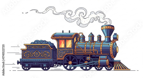 Illustration of a vintage steam train with coal car and smoke on a white background in motion style art