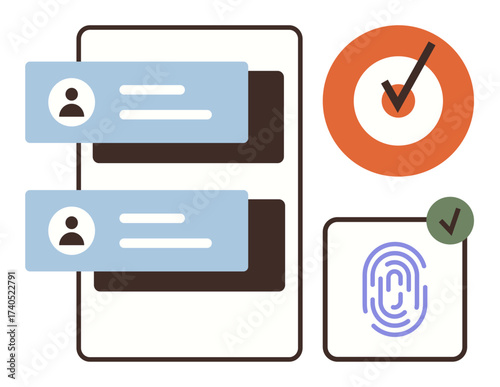 Login credentials display, fingerprint scanner, and target with checkmark symbolizing security, identity verification, and success. Ideal for cybersecurity, authentication, biometrics, privacy data