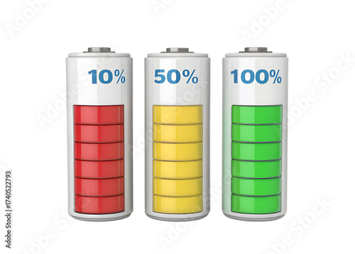 Three battery charge level indicators showing 10 percent 50 percent and 100 percent power energy