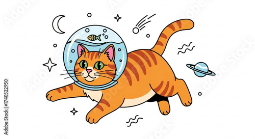 Orange tabby cat floating in space wearing a fishbowl helmet with a fish planet moon and shooting star around it