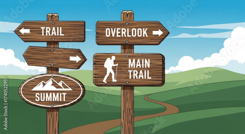 Cartoon illustration of a wooden signpost with directions for trail overlook summit and main trail paths outdoors