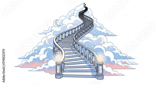 Illustration of a winding staircase leading upwards through clouds with moons and stars and light orbs