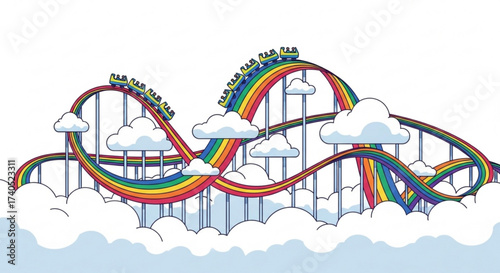 A colorful rainbow roller coaster with green cars weaving through white clouds in a whimsical design