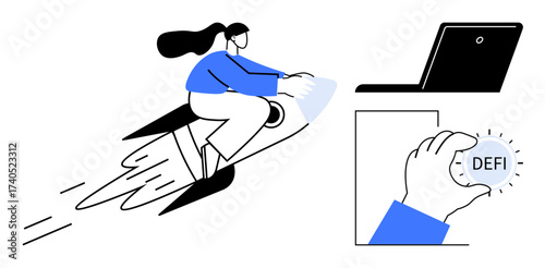 Woman riding a rocket toward progress, laptop symbolizing technology, hand holding DeFi token. Ideal for innovation, technology, finance, blockchain, entrepreneurship motivation growth. Simple flat